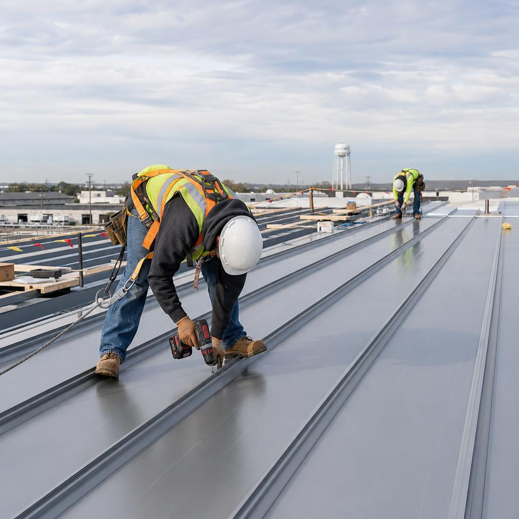 Standing-seam commercial metal roof installation (illustrative image)