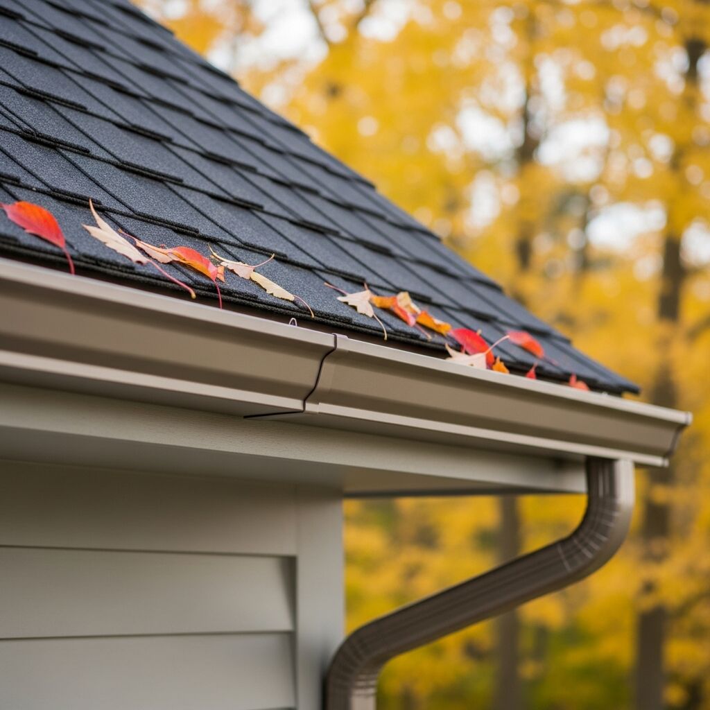 Close-up of a seamless gutter and downspout installed on a home