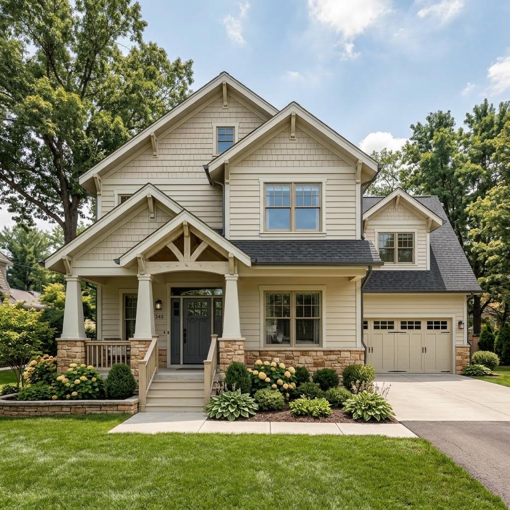 Home exterior painting transformation in Warm Alabaster