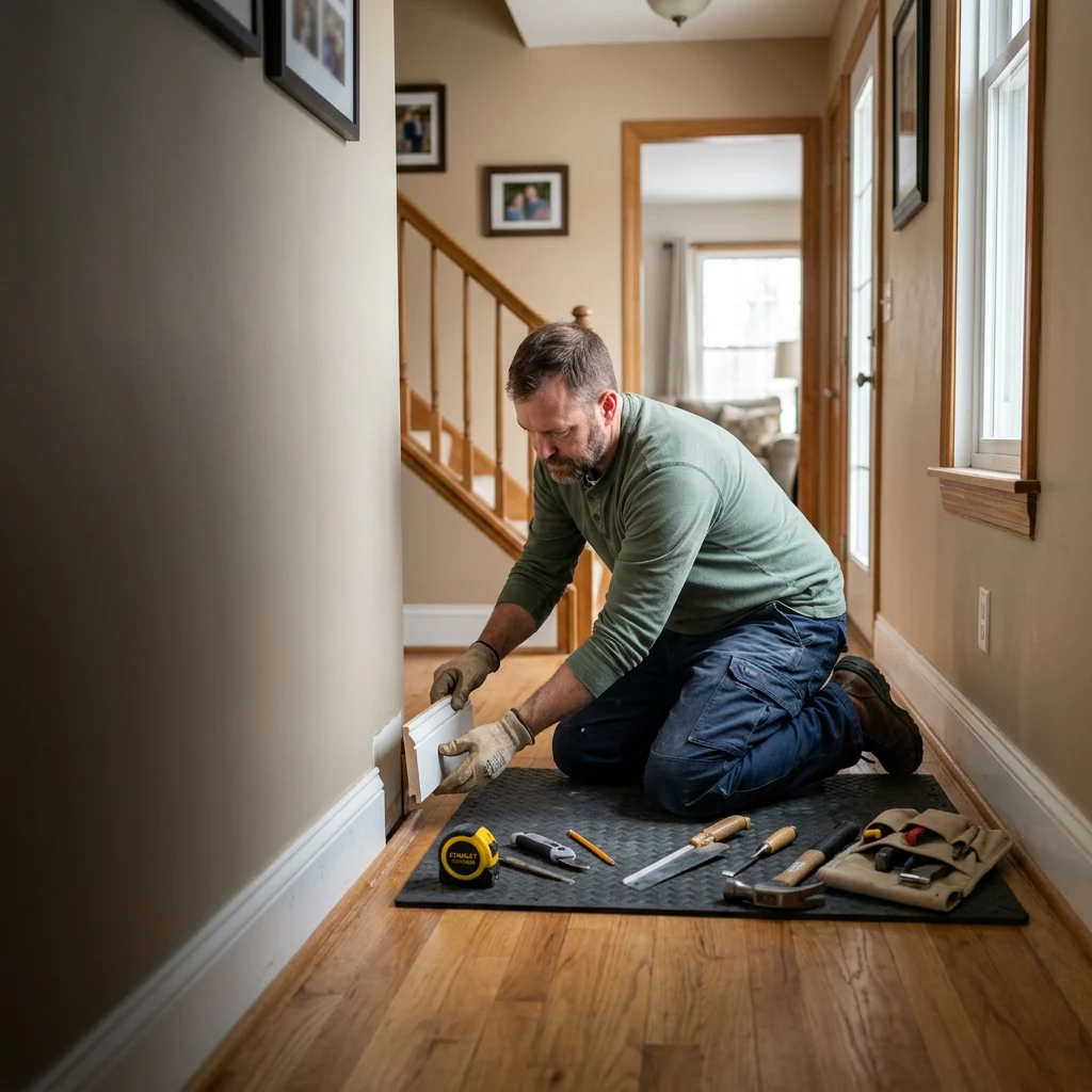 Illustrative image of a handyman fitting a small baseboard repair.