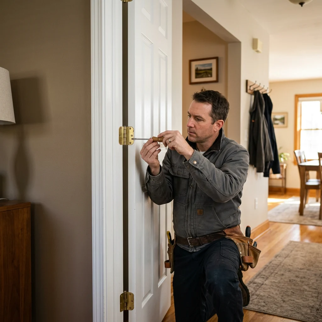 Illustrative image of a handyman adjusting an interior door hinge.