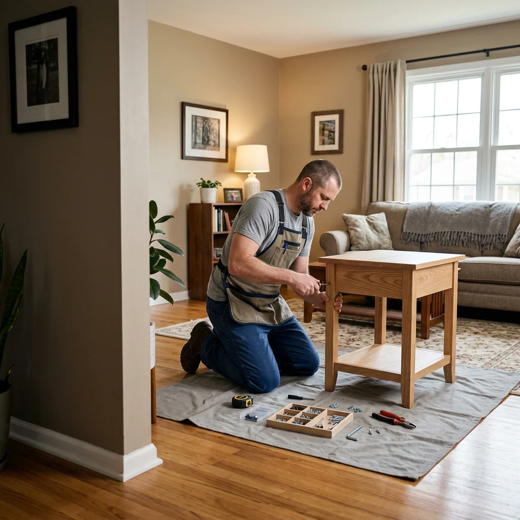 Illustrative image of a handyman assembling a wooden table in a home.