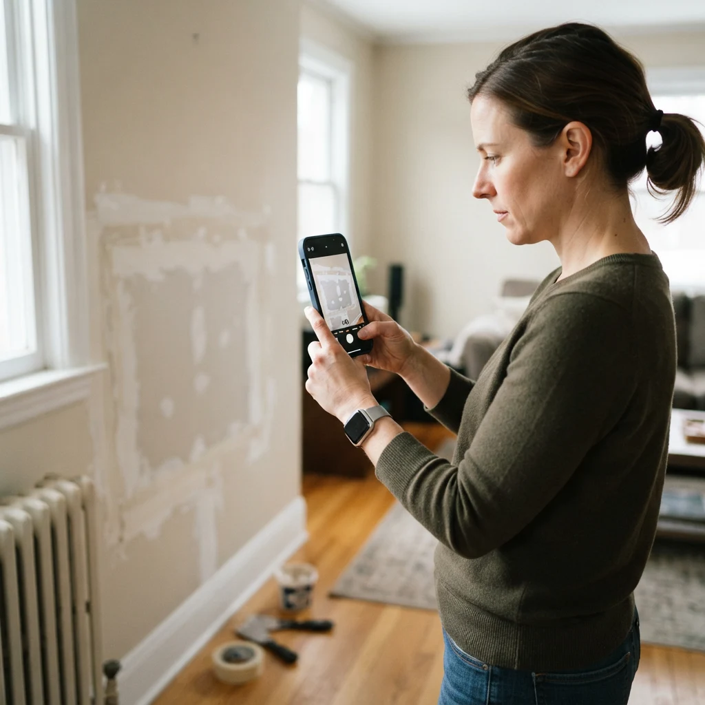 A woman photographing drywall damage to send to a handyman.
