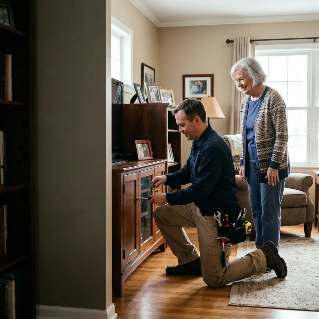 Illustrative image of a handyman helping an older homeowner with cabinet hardware.