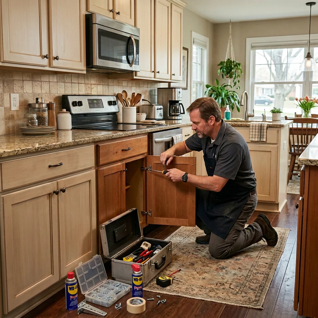 Illustrative image of a handyman tightening a kitchen cabinet hinge.