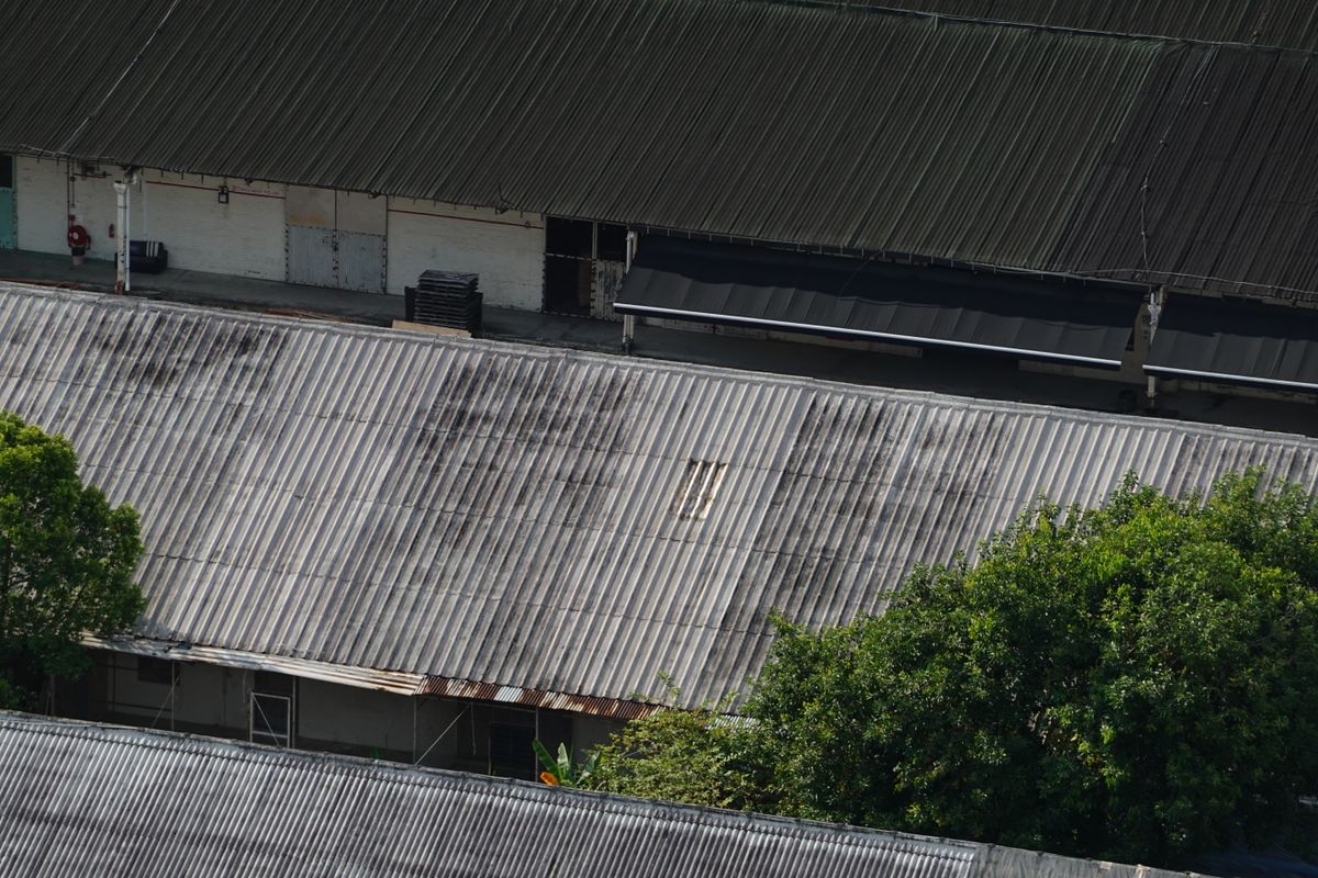 Aerial view of corrugated industrial roofs