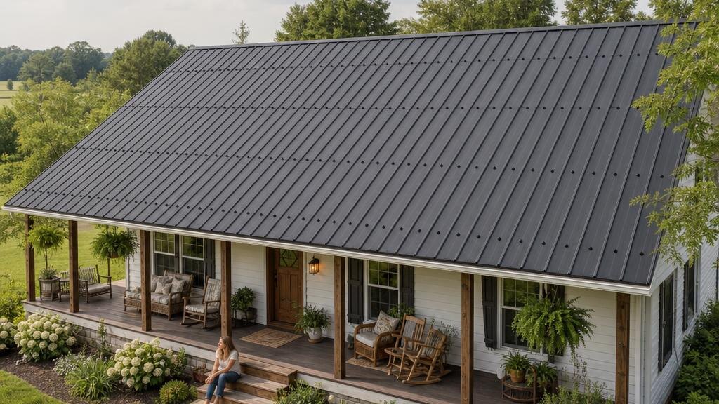 Illustrative residential home with exposed-fastener metal roof